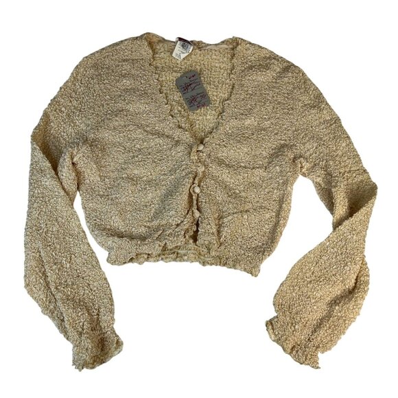 Stan Herman Crumpled Crop Cardigan Sweater Women's Sz M Beige Gold V-Neck Ruffle - Picture 1 of 4